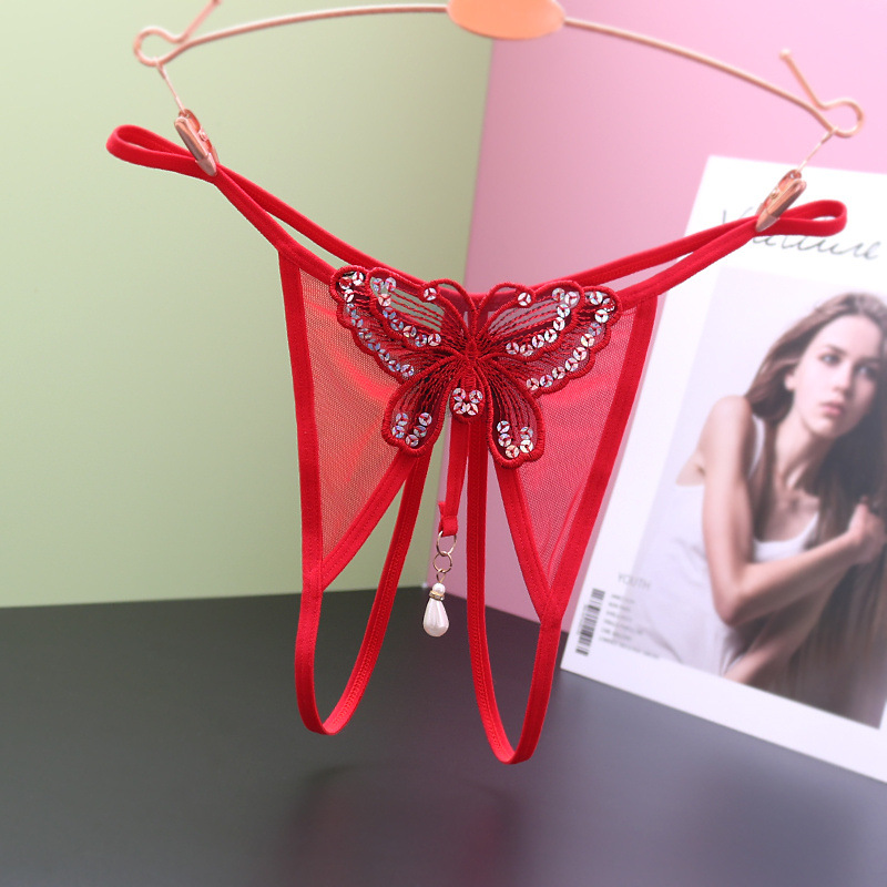 Sexy Japanese Hot Open Sexy Underwear Women's Free Pendant Low Waist Transparent Embroidered Traceless Butterfly G-string