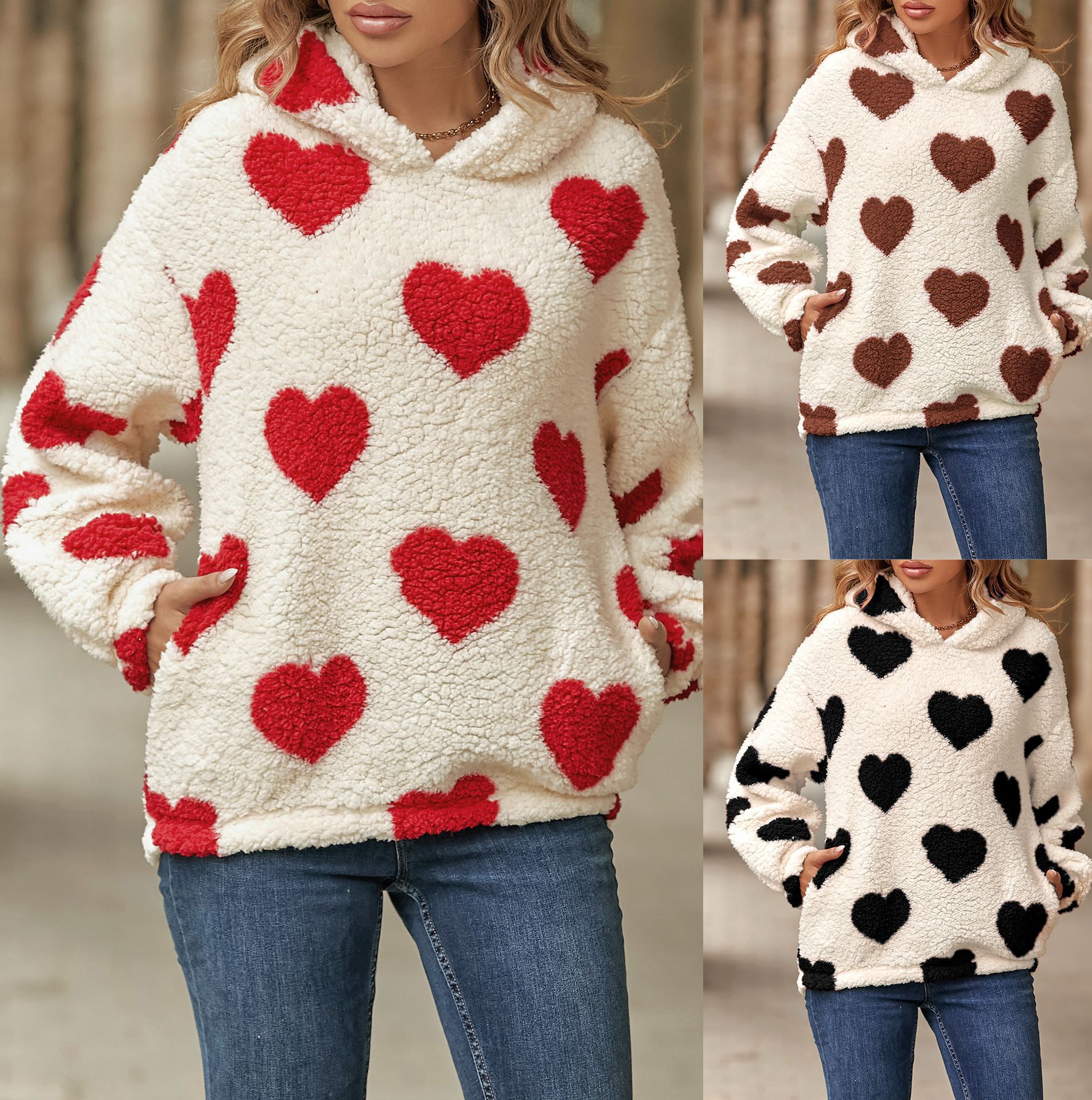 Flash velvet 2023 autumn and winter new European and American women's clothing Amazon cross-border plush hooded love printed pullover sweater women
