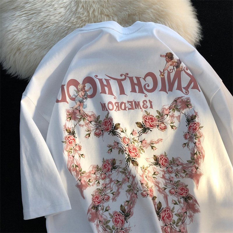 Jew4Room Sweet Design Rose Bow Couple Wear Short-Sleeved T-Shirt Men's Tea Style Top Slimming Look