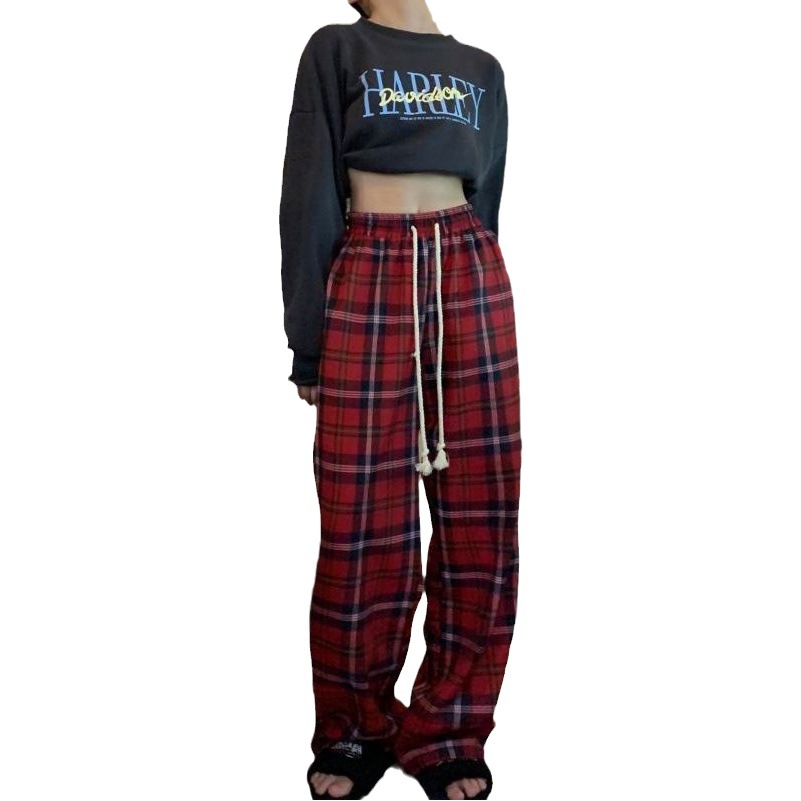 AliExpress straight casual pants spring, summer and autumn new retro red plaid high waist drawstring drape slimming wide-leg pants for women