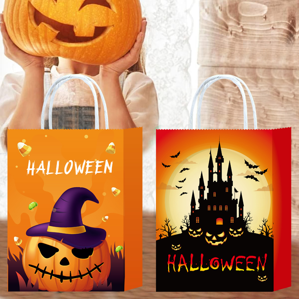 Cross-Border Paper Bag Halloween Kraft Paper Bag Party Packaging Rectangular Paper Bag Handbag Clothing Store Shopping Wholesale