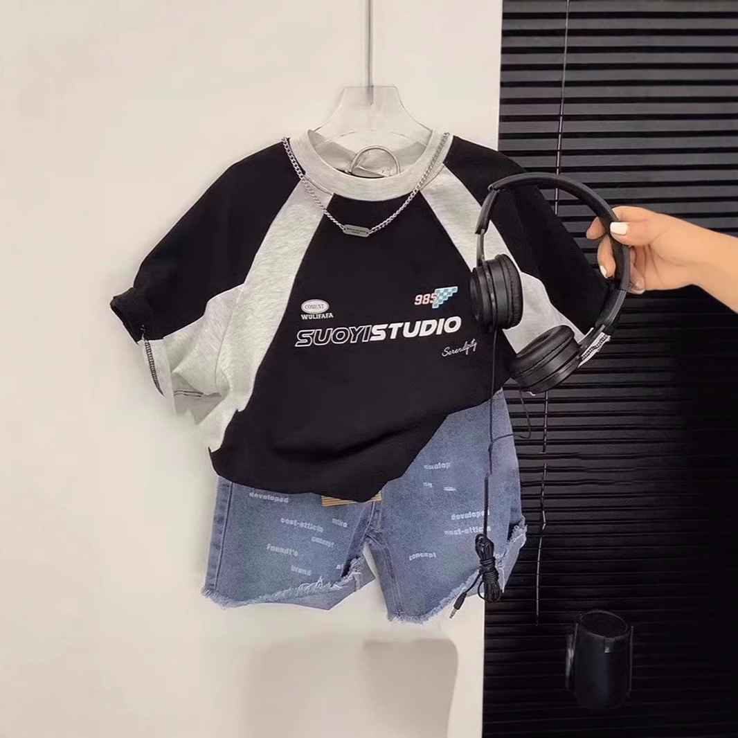 Trendy cool summer clothes for boys and girls baby stitching contrast color short sleeve T-shirt cotton summer thin ruffian handsome little boy's top
