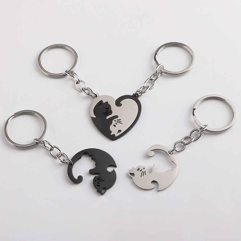 Love Cat Keychain Pendant for Men and Women Couple Waist Hanging Stainless Steel Anti-lost Key Chain Ring Bag Hanging Accessories