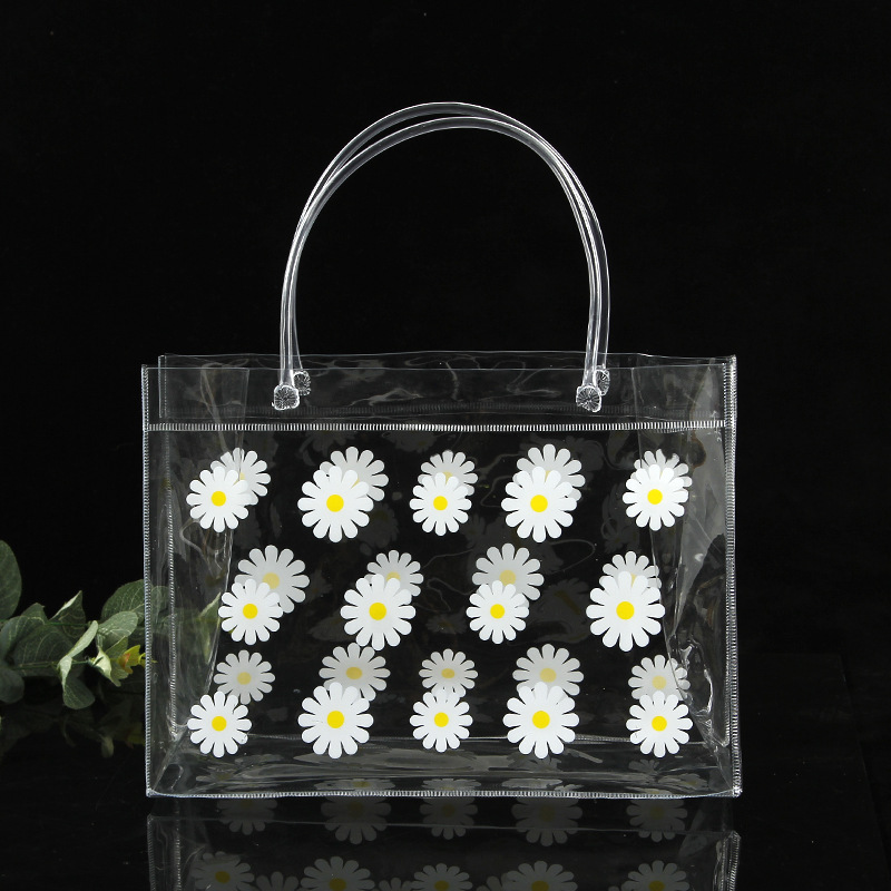 Hot-Pressed Transparent Pvc Bag Custom Cosmetics Shopping Gift Bag Daisy Plastic Pvc Handbag Custom Logo