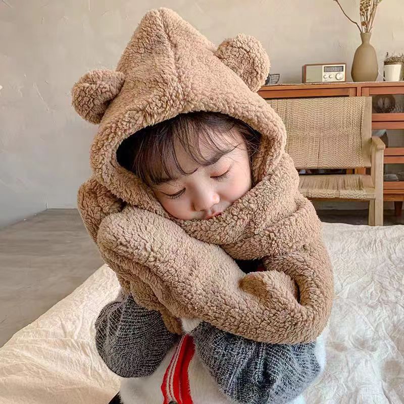 Picture of Winter Warm and Thickeneded Cotton Plush Rabbit Ears Animal Hat Gloves Scarf Bear Three-Piece Hat Factory Ear Protection