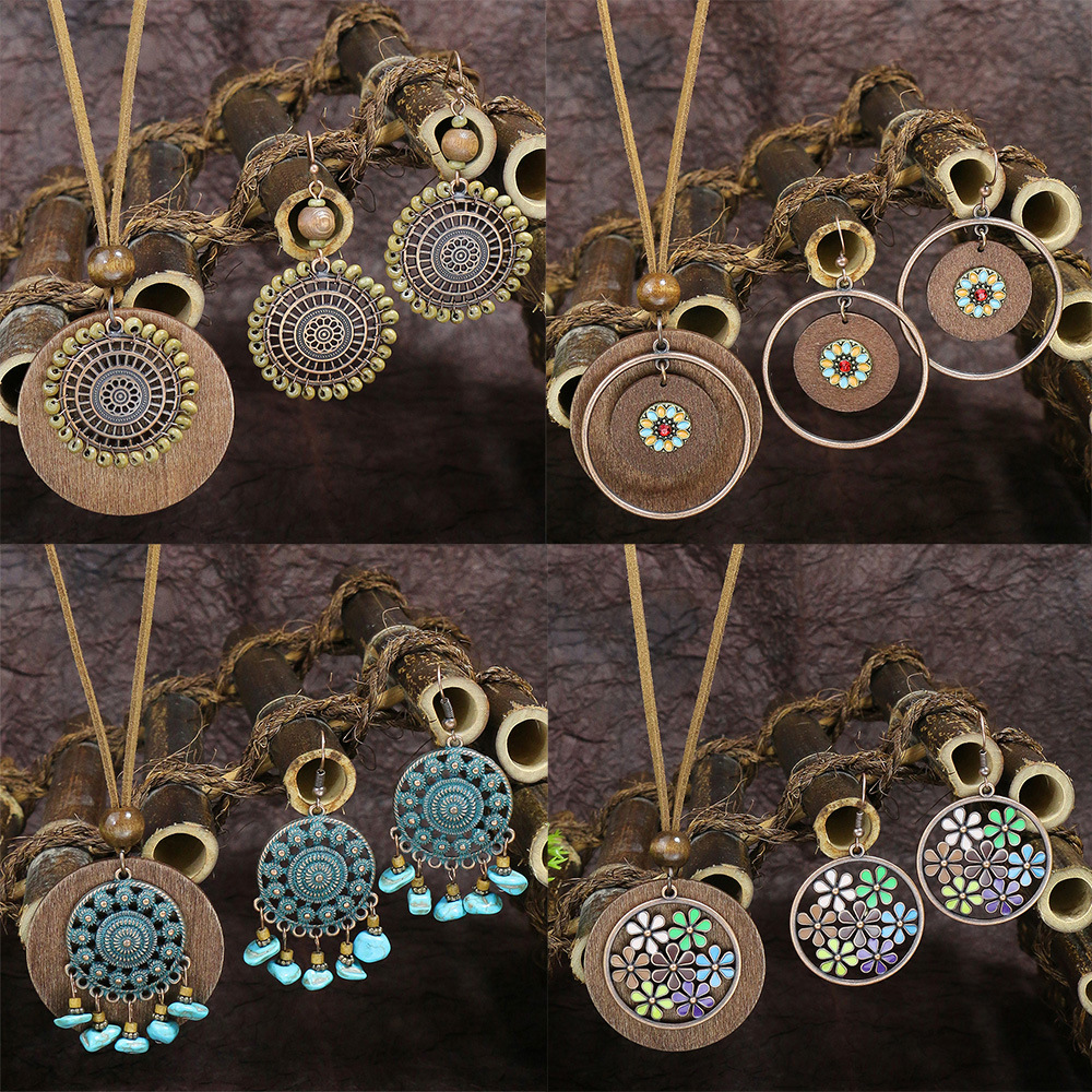 European and American retro sweater chain autumn and winter rice beads geometric pattern log piece long necklace earrings suit Yiwu wholesale