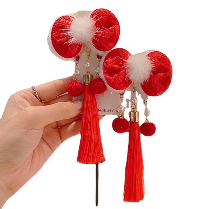 New Antique Hanfu Hair Accessories Children's New Year Greeting Hair Card Ancient Tassel Ribbon Baby's New Year Hair Ball Headwear