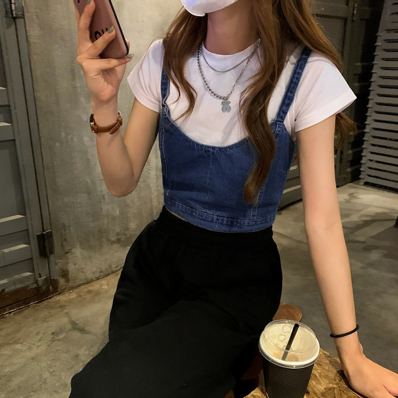 Hot Girls Back Strap Denim Camisole Women's Summer Outfit High Waist Slim-Fit Slimming Short Crop Top Fashionable