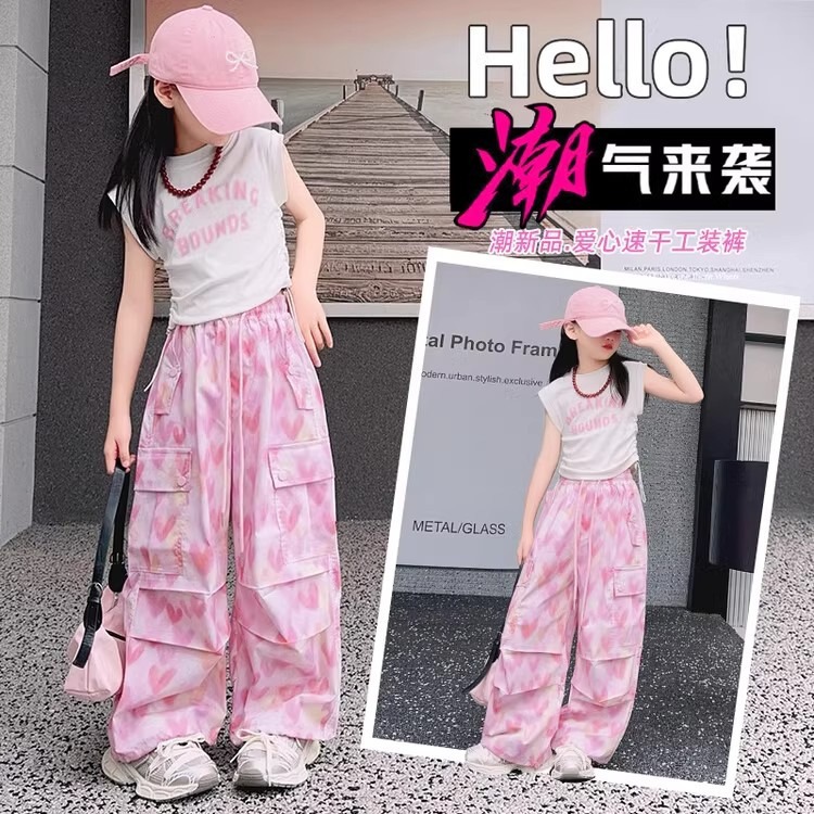Girls Quick-Drying Cargo Pants 2025 Summer Girls Heart Thin Summer Wide-Leg Pants Sweet Cool Style Casual Pants Ice Silk