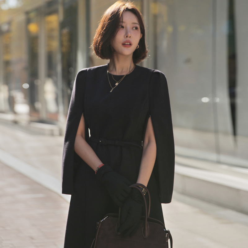 Foreign Trade Women's Elegant Fashion South Korea Chic Woolen Cloak dress Slim-fit Midi Dress Korean Style dress