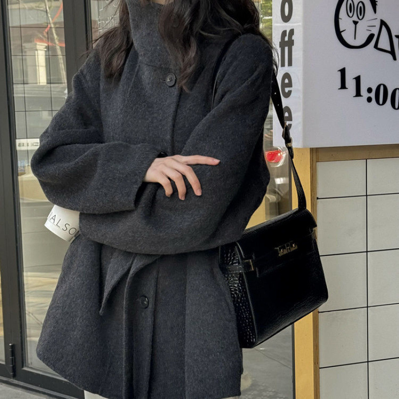 Stand Collar Black Double-Sided Cashmere Outwear for Small Women 2025 Autumn and Winter Slimming Look Woolen Outwear Mid-Length
