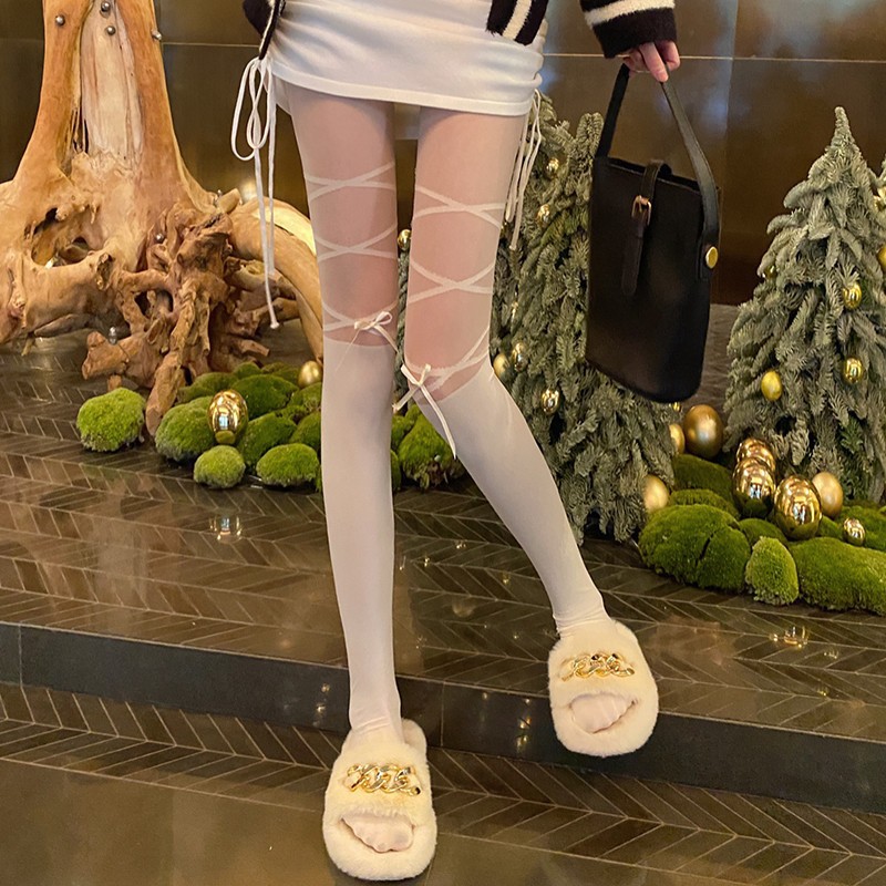 Sexy Thin Lace-Up Calf Socks for Women, Popular Lolita Pantyhose, White Lace Stockings for Spring and Autumn