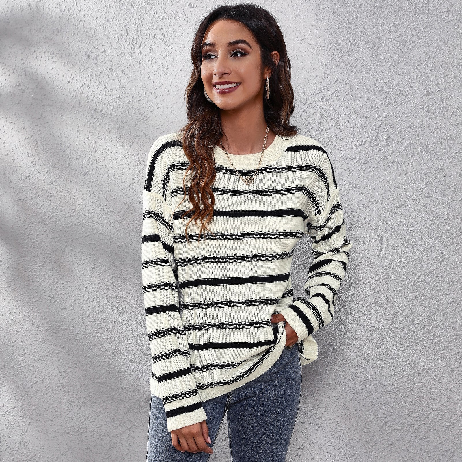 Picture of Real shot outer model cross-border striped long-sleeved knitted sweater women's loose autumn and winter New European and American style sweater