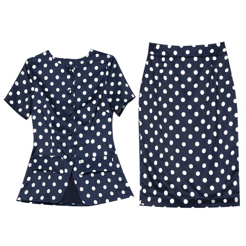 Picture of Zhili 2025 New Summer Suit for Women, Fashionable and Gentle Style, Polka Dot Round Neck, Short Suit, Hip-Covering Skirt, Two-Piece Set