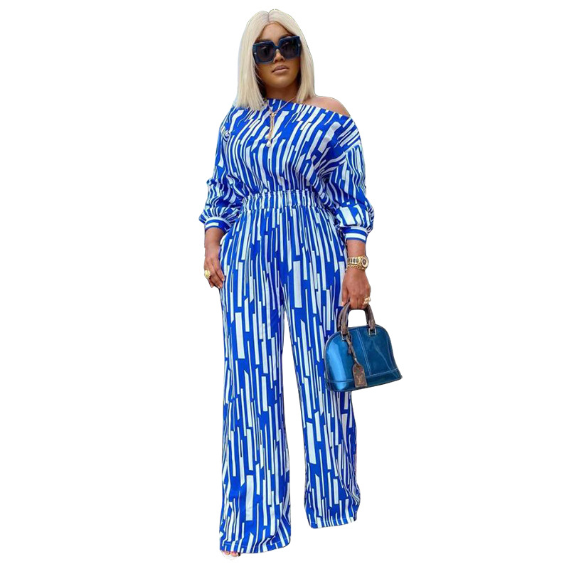 Picture of Explosions wish Europe and America 200 Jin plus size Women's Stripe Printed Oblique Long Sleeve Shoulder Loose Fashion Leisure suit Women