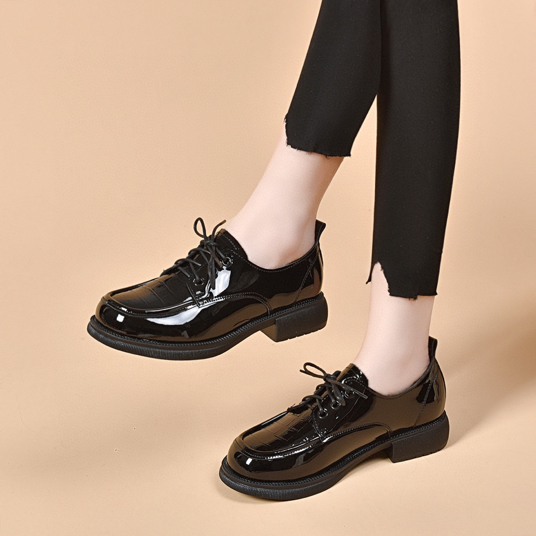 Loafers Women's 2024 Spring British-style Embossed Leather Lace-up Flats Women's Single-layer Shoes College-style Leather Shoes