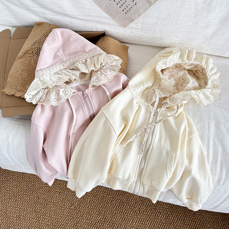 Picture of Girls Korean Style Outwear 2025 New Kidsren's Spring & Fall Pastoral Cute Versatile Hooded Lace Knitted Sweatshirt