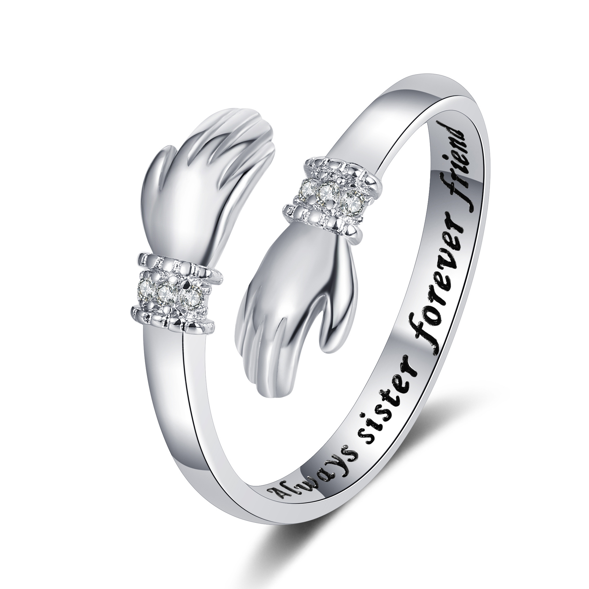 Picture of Europe and the United States creative love hug hands diamond ring women's lettering opening adjustable ring warm heart gift