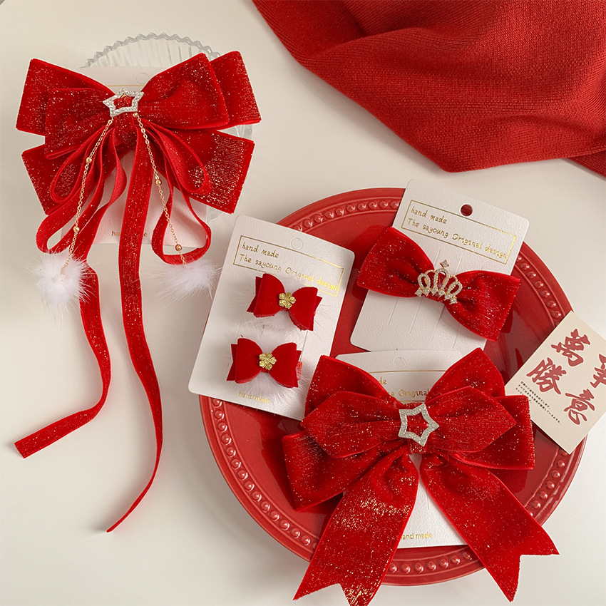 New Year Children's Bow Hair Accessories Girls White Fur Ball Duckbill Clip Baby New Year Festive Red Ribbon Hairpin