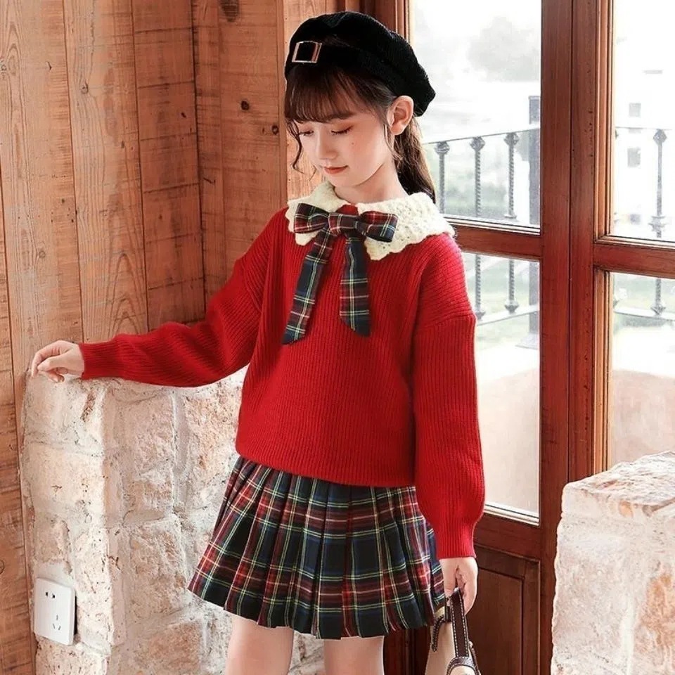 Picture of Girl's Autumn and Winter Dress Spring New Arrival Western Style Children's College Style Knitted Pullover Sweater Fashionable Pleated Skirt