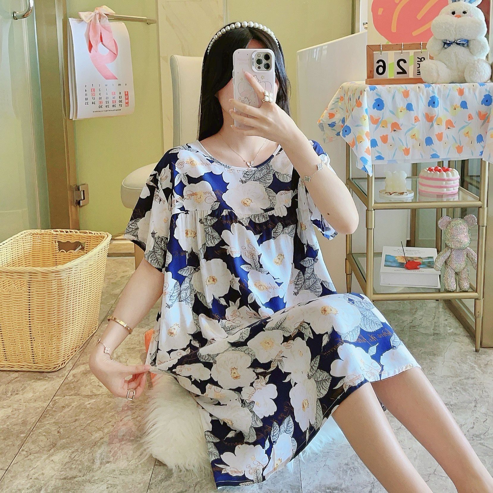 Picture of Cotton Silk Nightgown Women's Spring and Autumn Summer Thin Pajamas Korean Sweet Girls Online Celebrant Live Explosions Home Outwear Skirt