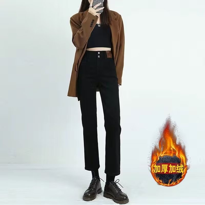Black Straight Leg Jeans Women's Autumn and Winter 2023 New Elastic Slim Fit Baguette Pants Small fleece-lined Pipe Pants