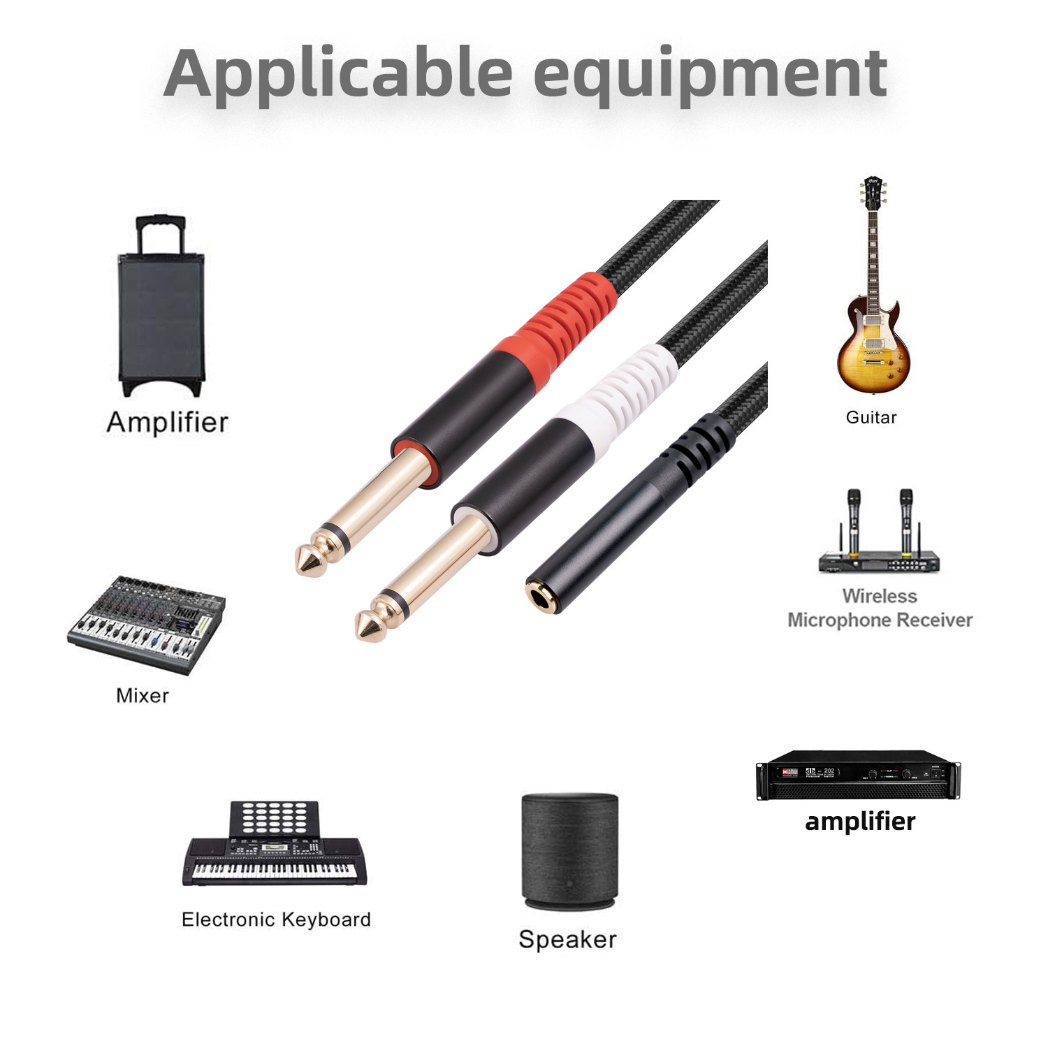 Picture of Shielded wire aluminum alloy shell stereo 3.5mm female to dual 6.35 TS 1/4 mono audio cable 0.3 m