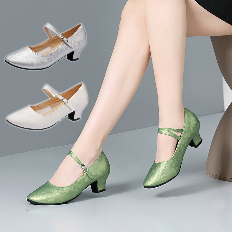 Chinese Style Latin Dance Shoes Women's Soft-Soled Dance Shoes Social Modern Square Dance Shoes Silver Mid-High Heel Cheongsam