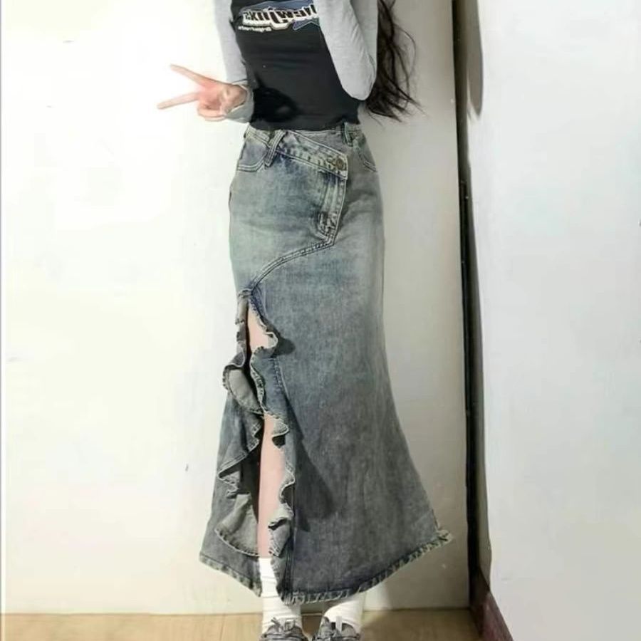 2024 American Retro Denim Skirt Women's Summer New High Waist Slimming Wave Split Fishtail A- Line Skirt