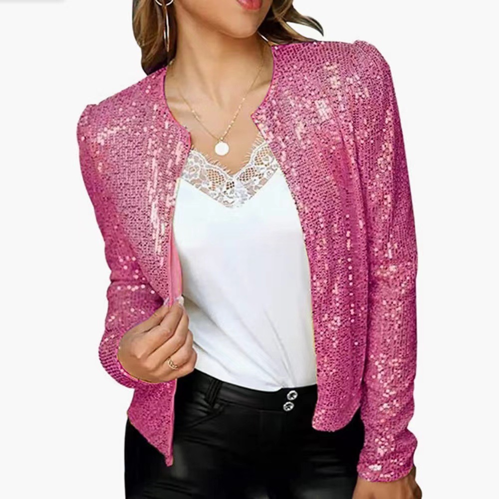 Picture of 2025 Cross-Border Women's Spring European and American Fashion Round Neck Pure Color Sequined Short Outwear Casual Versatile Small Outwear
