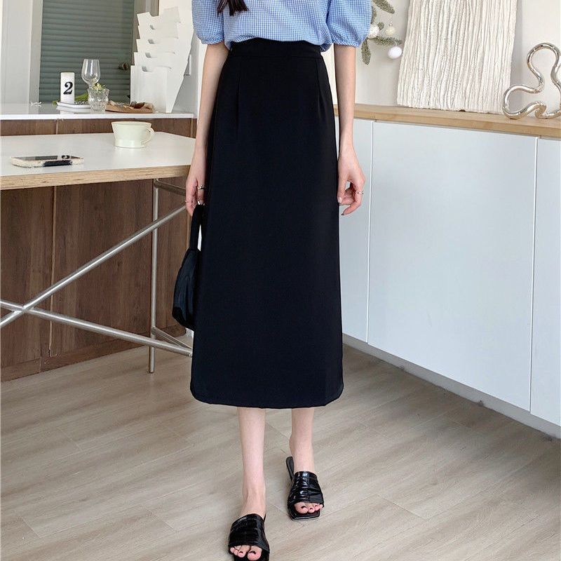 2024 Summer plus size chubby girl Black Skirt Women's High Waist Mid-length Split A- line Skirt Slimming Hip Skirt
