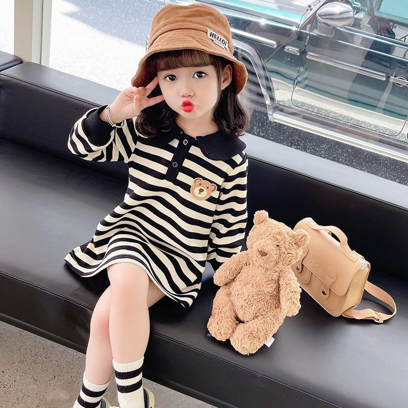 Girls' striped bear POLO dress autumn new long-sleeved lapel female baby college style fashionable dress