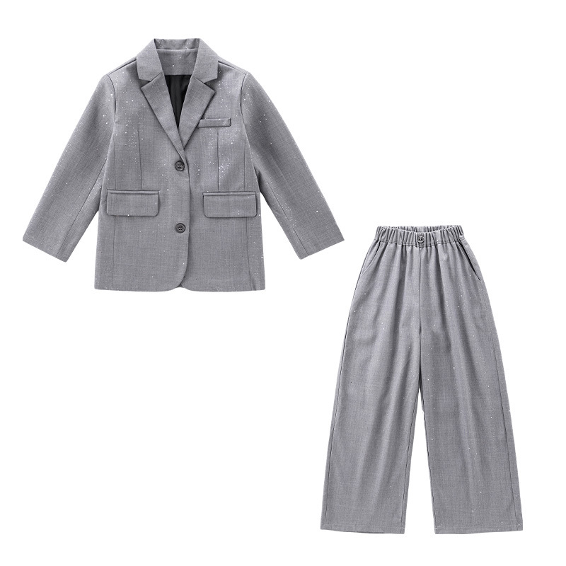 Picture of Girls' 2025 Spring and Autumn Suit suit Children's Trendy American-style Silver Small Suit Big Children's Trendy Show Two-piece Set