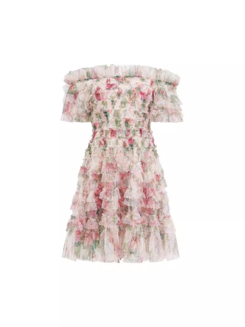 Cross-border Middle East floral off-neck short dress fresh sweet daily commuter dress popular embroidered women's clothing