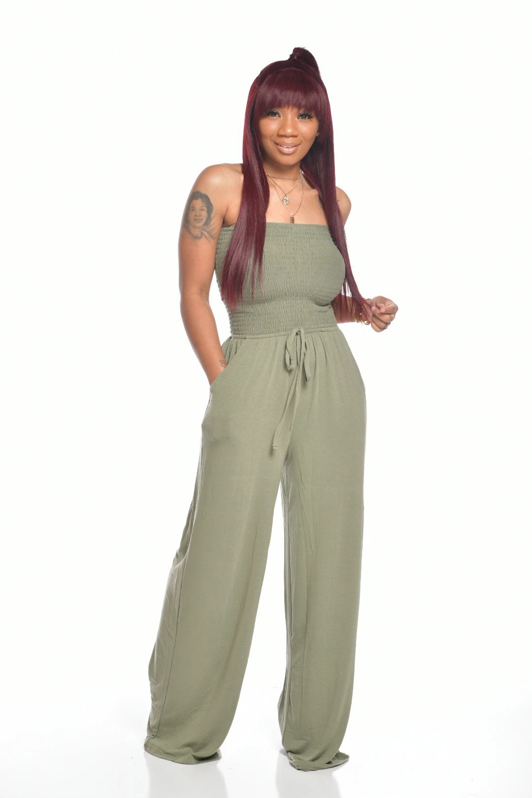 Picture of 2025 Amazon Aliexpress Cross-Border European and American Clothing Casual Flat Shoulder Wrapped Chest Wide Leg Jumpsuit Jumpsuit Women's Clothing