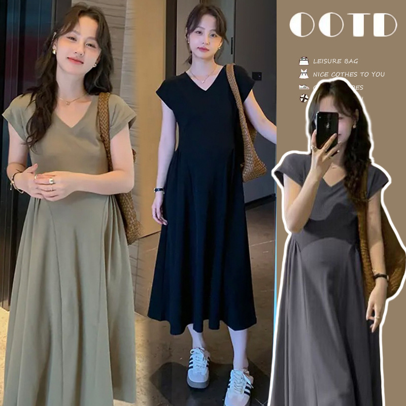 French Maternity dress High-end Sense Slimming V-neck Long Dress Summer 2024 New Design Sense T-shirt A- line Skirt