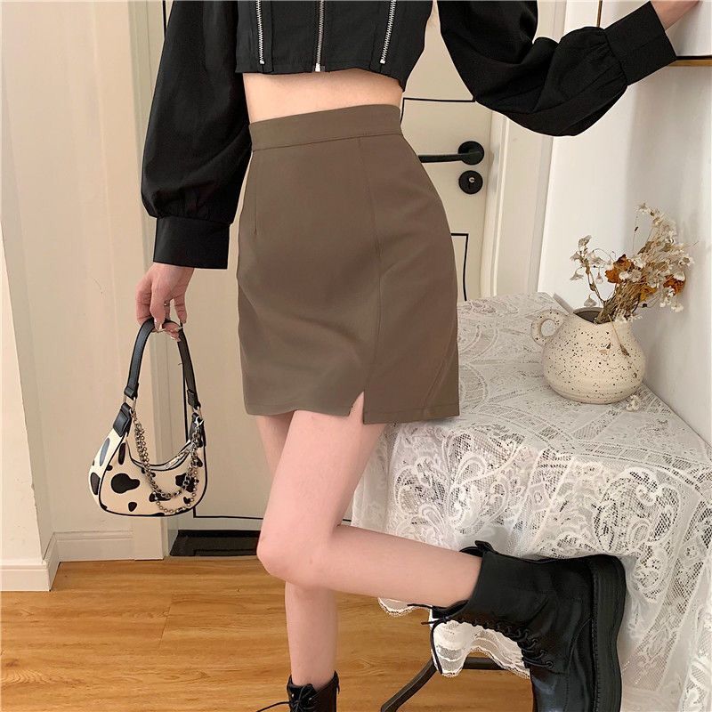 Niche Business Casual A-Line Skirt for Women New Style Discreet High Waist Fat m Slimming Look Brown Slit Short Skirt