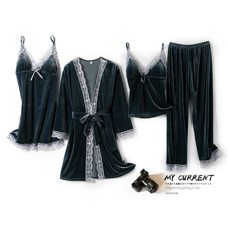 Picture of Gold Velvet pajamas women's autumn and winter four-piece sexy strap nightdress nightgown with chest pad home wear suit can be worn outside