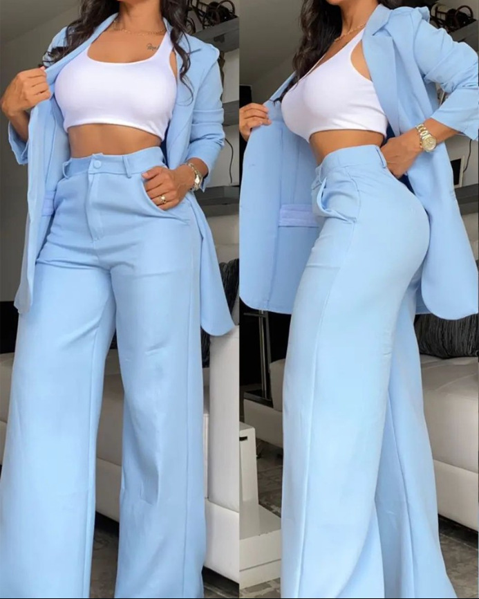 Picture of Cross-Border European and American Foreign Trade Summer Women's Clothing Elegant Solid Color Slit Sleeve Lapel Suit Straight Pants Suit for Women