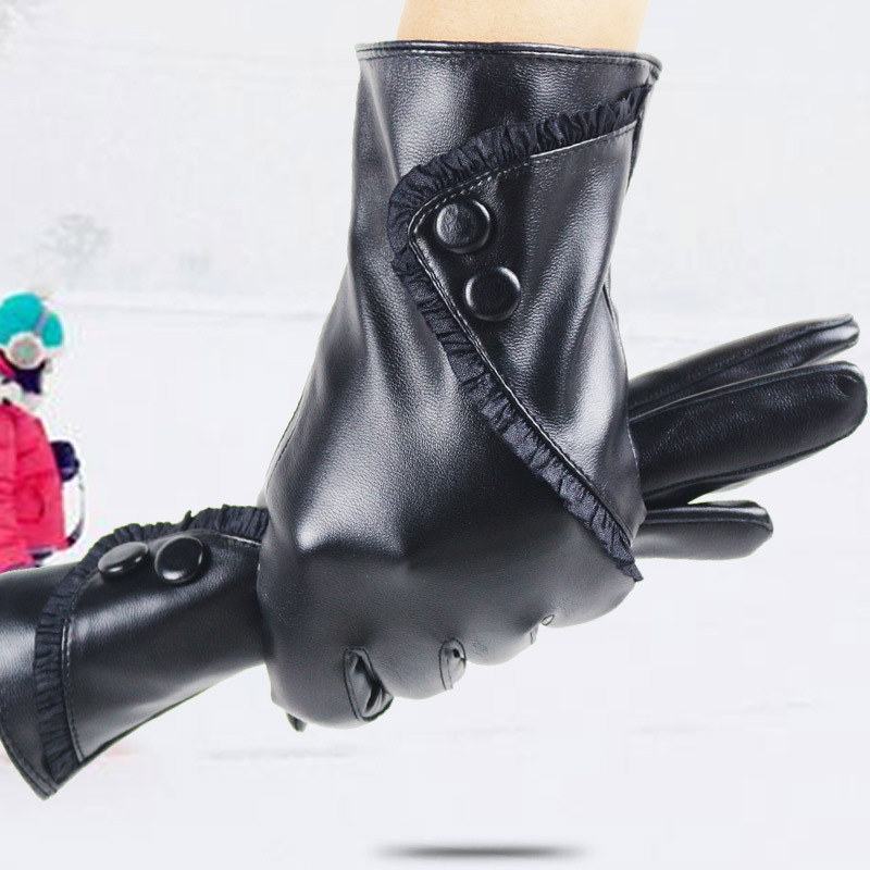 Touch Screen Leather Gloves Women Autumn and Winter Velvet Warm Korean Fashion 2 Buckle Design Riding PU Artificial Leather Gloves