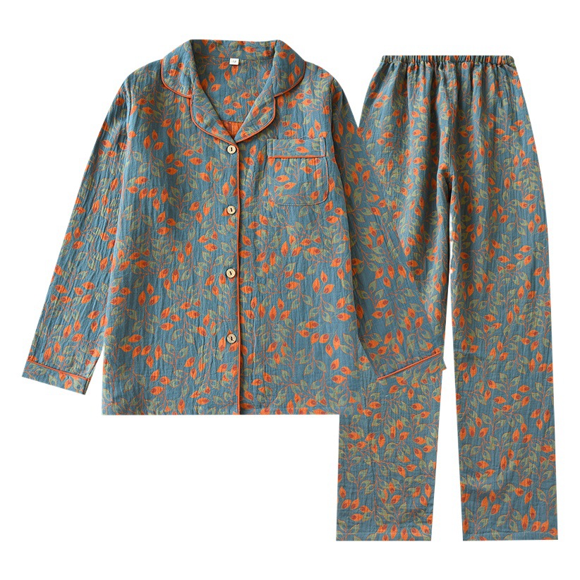Lapel Double-layer Gauze Pajamas Women's Spring Summer Autumn Thin Long-sleeved Trousers Suit Cardigan Home Clothes Two-piece Outfit
