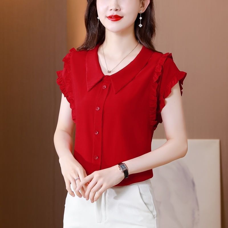 Picture of Age-Reducing Belly-Covering Slimming Doll Collar Chiffon Shirt Women's Short-Sleeved Summer Stylike Top Solid Color Ruffled Shirt