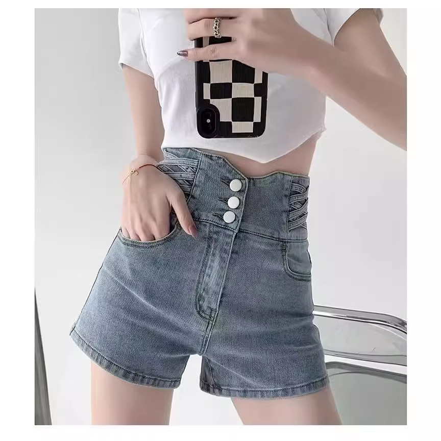 Summer Plus Size Chubby Girl Hot Girl High Waist Belly Denim Shorts Women's All-match Hip-lifting Loose Wide-leg Single-breasted Hot Pants