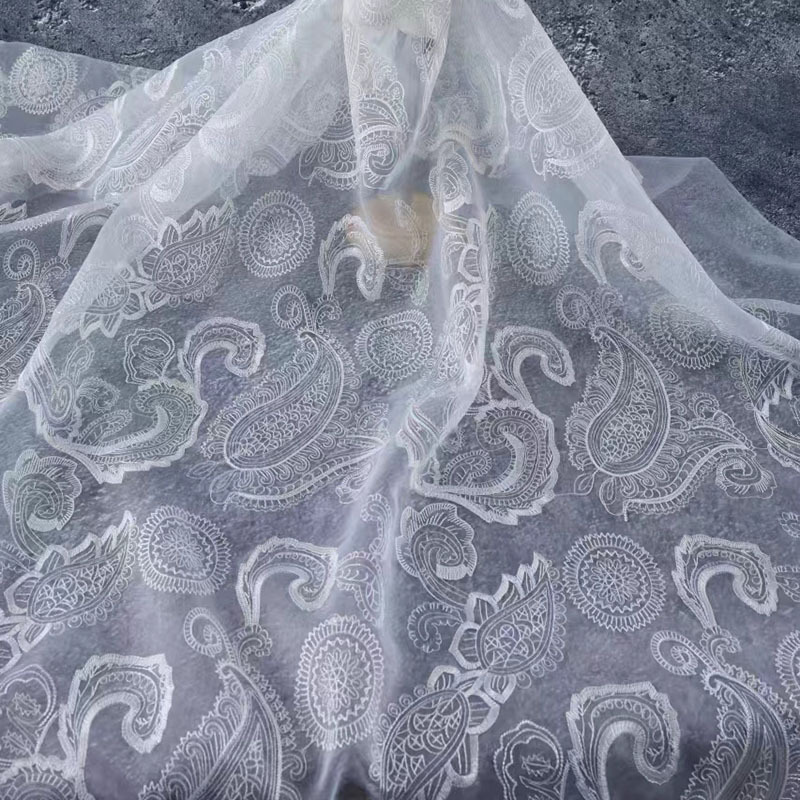 Organza national style clothing fabric cashew embroidery mesh fabric wedding dress children's clothing breathable fabric