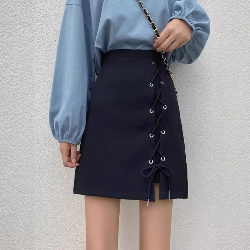Skirt Women's Summer New Design Sense Lace-up Short Skirt High Waist Anti-glare A- line Skirt Slim-fit Hip Wrap Skirt Women's