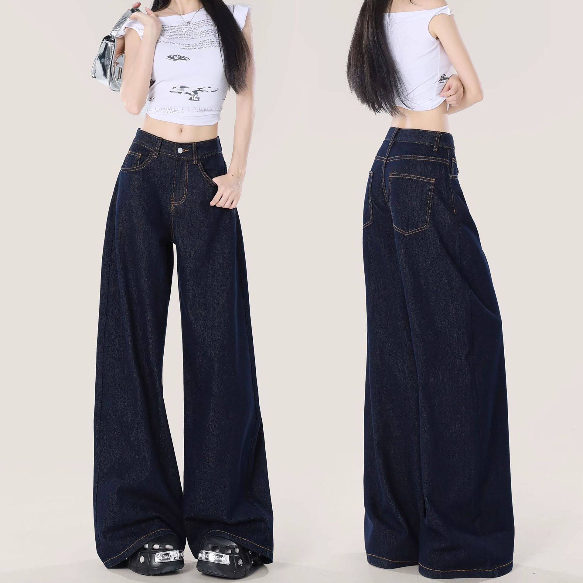 dark blue American Loose Wide Leg Jeans Women's Autumn 2024 New Dipped Lazy Casual Straight Pants