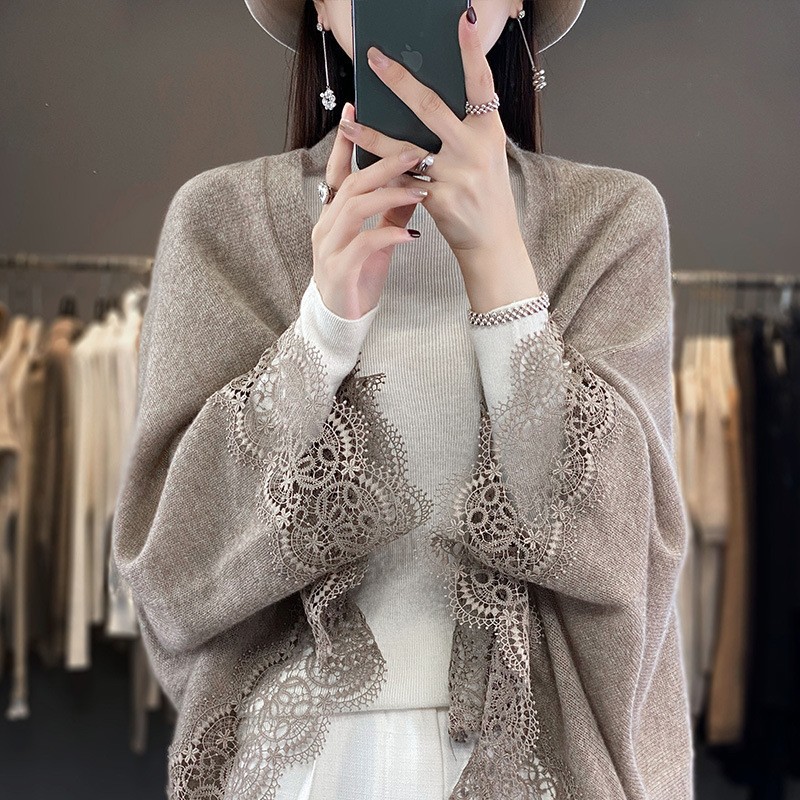 Lace Wool Sweater Shawl 24 Autumn and Winter New Stylish Fashion Lazy Style Solid Color Knitted Outer Cardigan