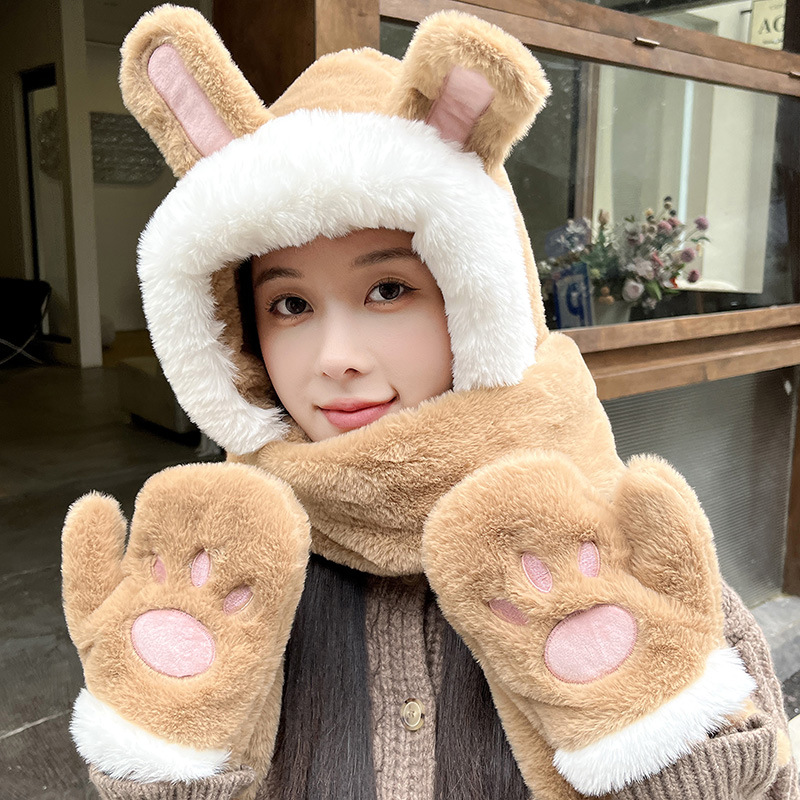 Picture of Winter plush hat scarf gloves one female rabbit autumn and winter three-piece cute thick scarf warm windproof