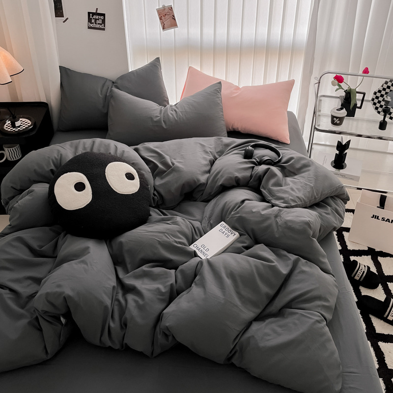 Picture of Four-piece bed set A can sleep naked wash cotton quilt cover solid color bed sheets student dormitory three-piece bed hat wholesale 4