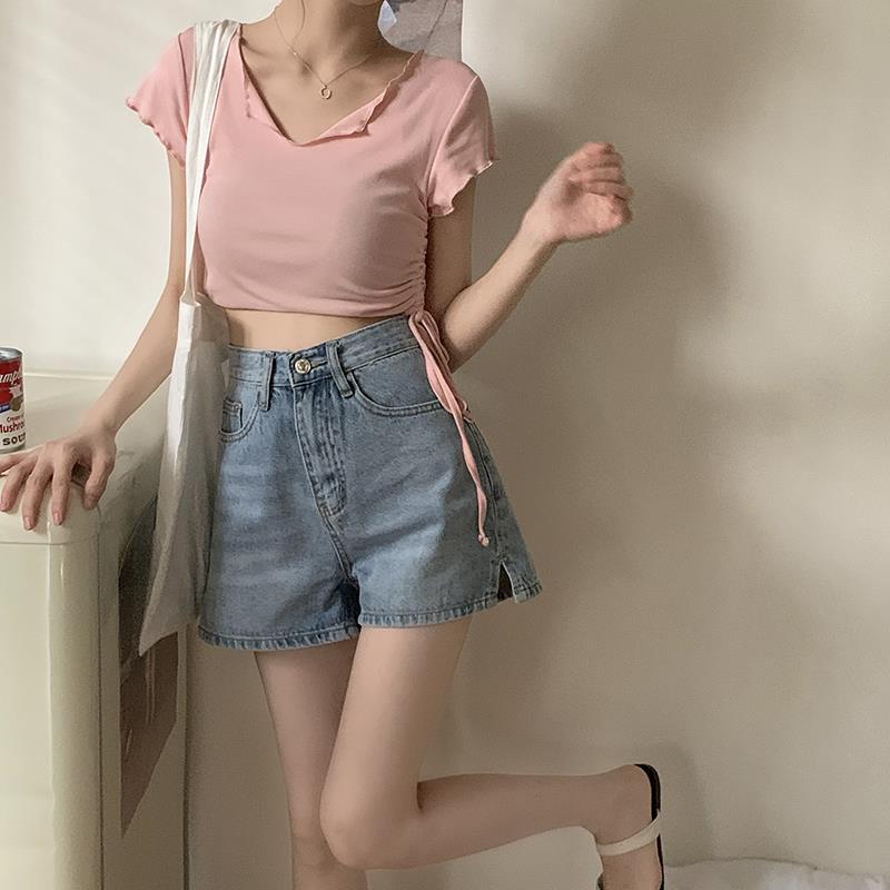 Summer Korean Style High Waist Slimming Straight Leg Pants 2022 New Large Size Chubby Girl All-match Split Wide Leg Denim Shorts Women